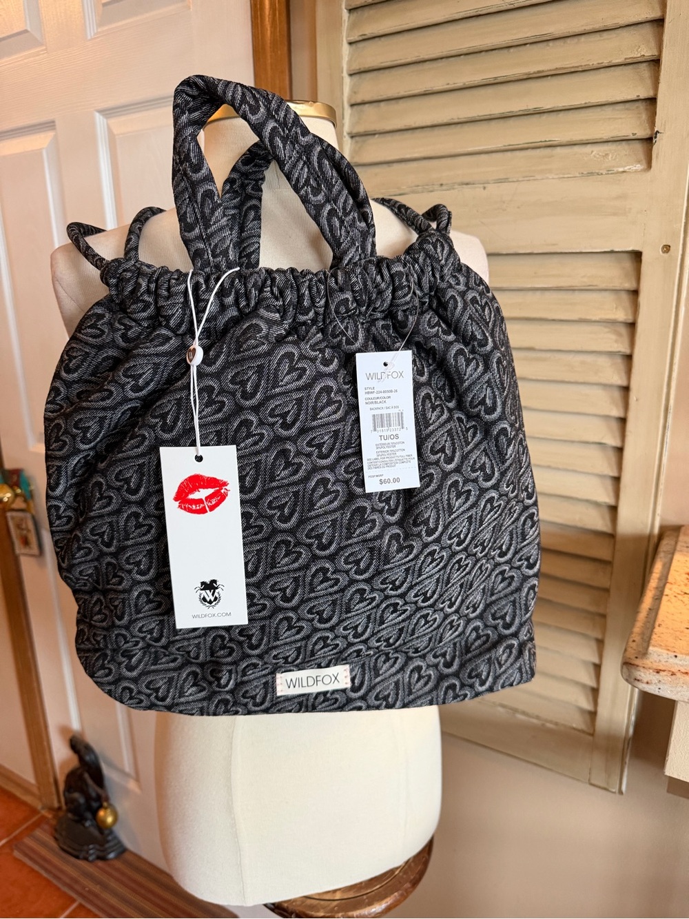 Wildfox Black & Gray Heart Jacquard Tote/Backpack 💜💜💜💜💜